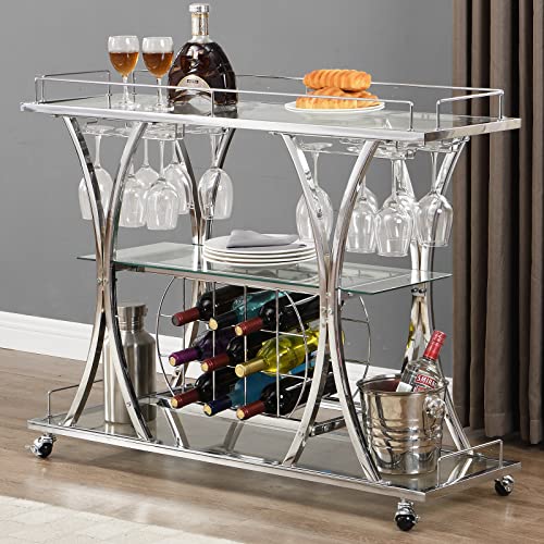 Silver Bar Cart, Rolling Liquor Serving Cart, 3-Tier Liquor Kitchen Tea Trolley with Wine Rack & Glass Holder Metal Frame