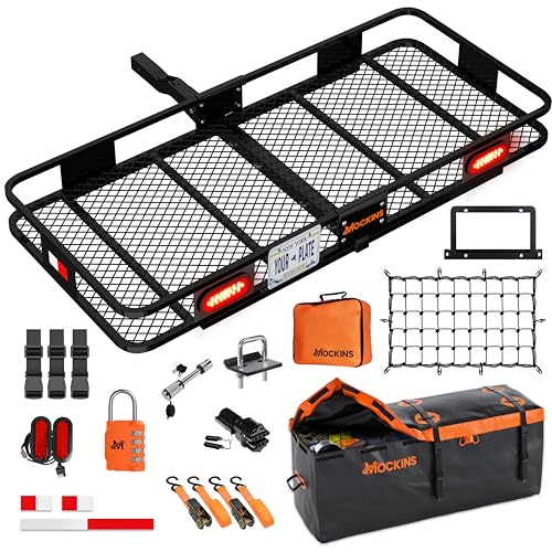 Mockins 16 Cubic Ft. Orange Cargo Carrier Bag & 60"x20"x6" Folding Trailer Hitch Cargo Carrier w/Rear Lights Bundle
