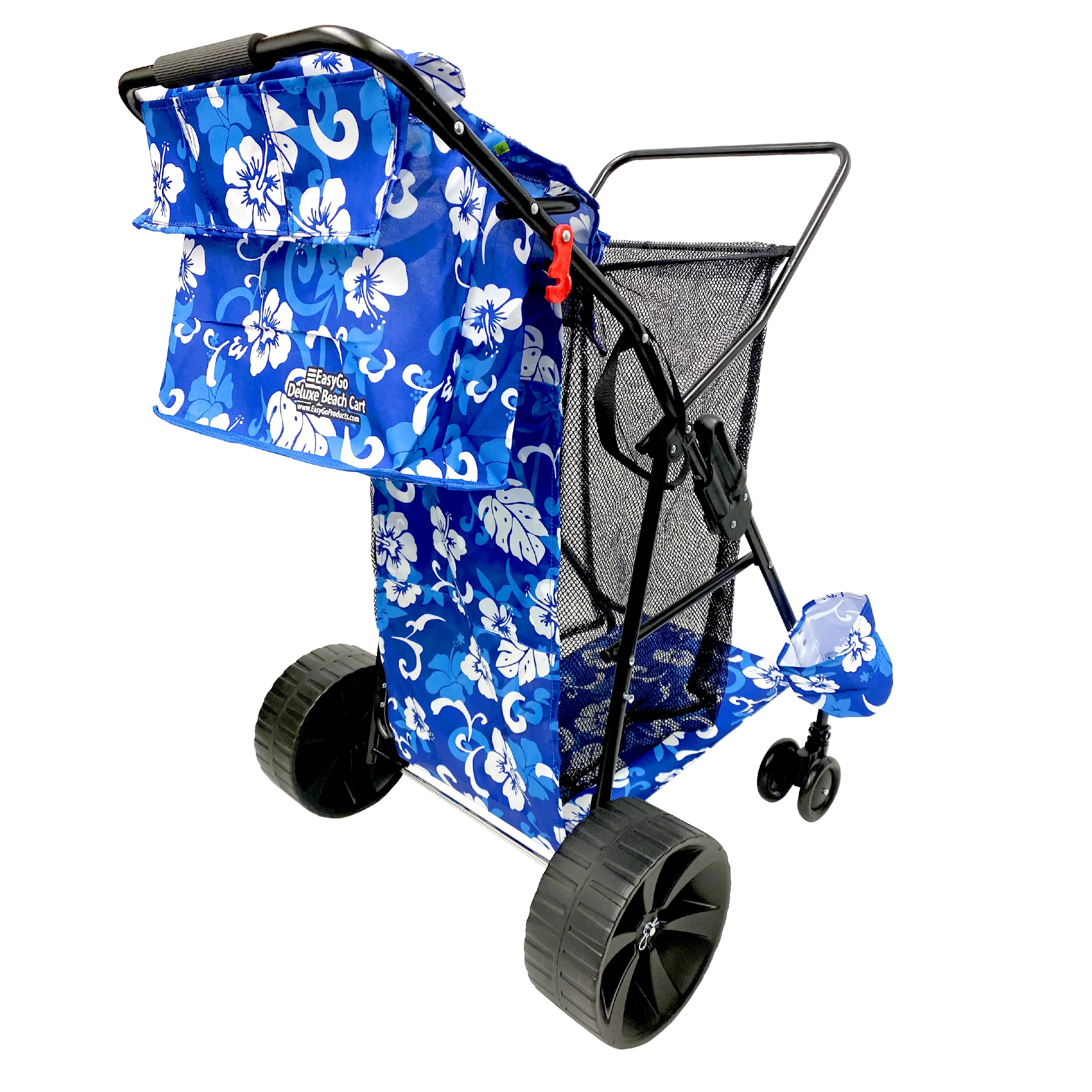 Beach Umbrella Wagon Cart Deluxe  Heavy Duty Folding Ocean Utility Cart  Large Sand Wheels  Holds 4 Beach Chairs  Storage Pouch