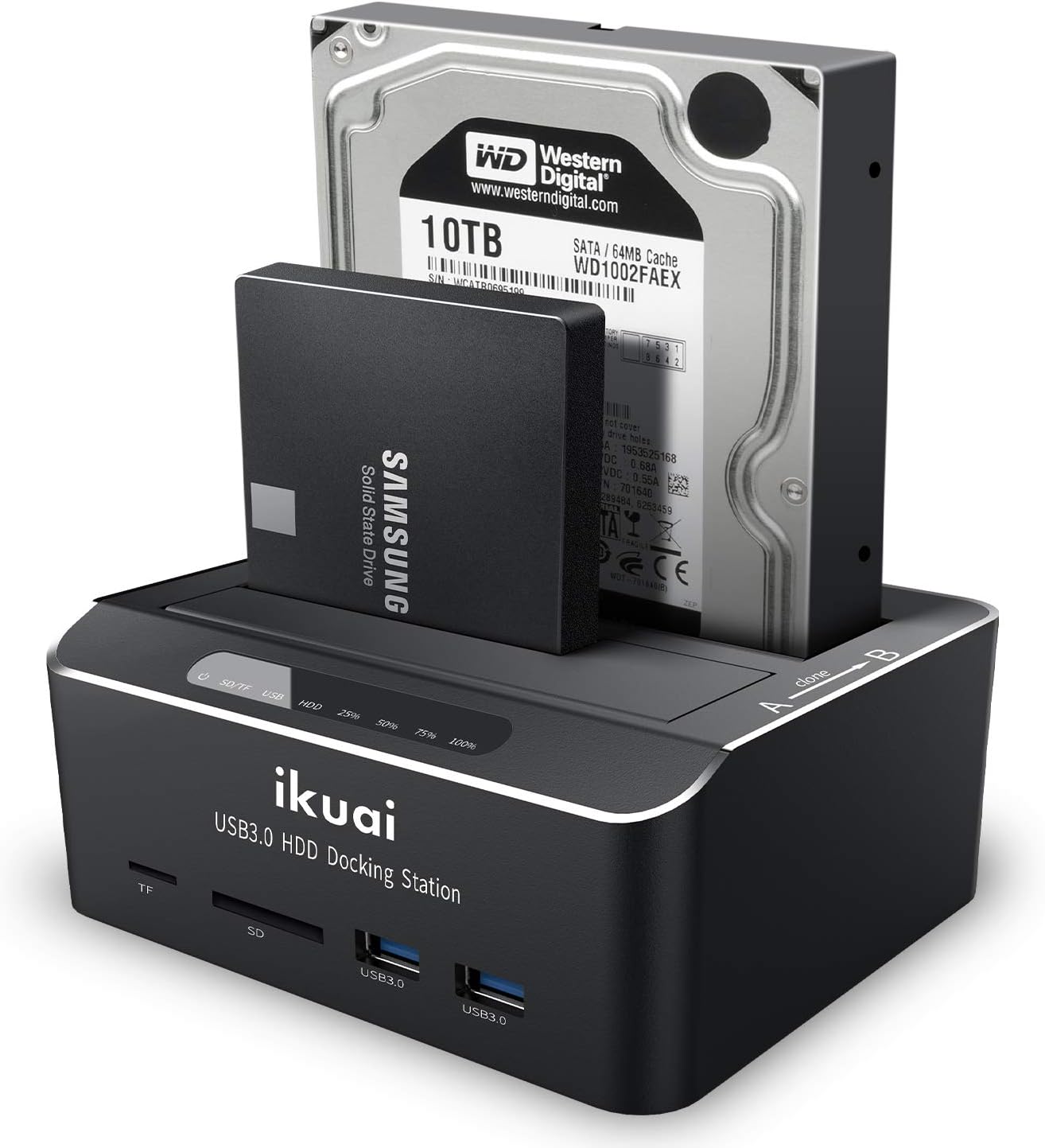 ikuai SATA to USB 3.0 Dual Bay Hard Drive Dock for 2.5 and 3.5 SATA HDD SSD with SD TF Card Reader 2 USB 3.0 Ports and Offline Clone Function