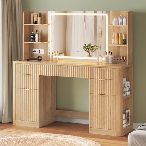 51.2" Fluted Makeup Vanity Desk with Large 30.3" Mirror and Lights, 5 Drawer Vanity with Power Strip, 6 Open Shelves, 2 Cabinets