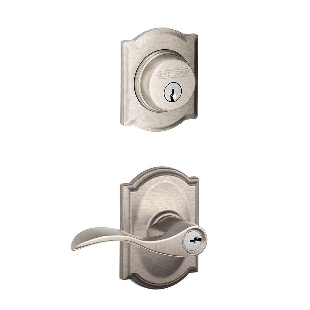 Schlage Camelot Satin Nickel Single Cylinder Deadbolt with Accent Entry Door Lever Combo Pack