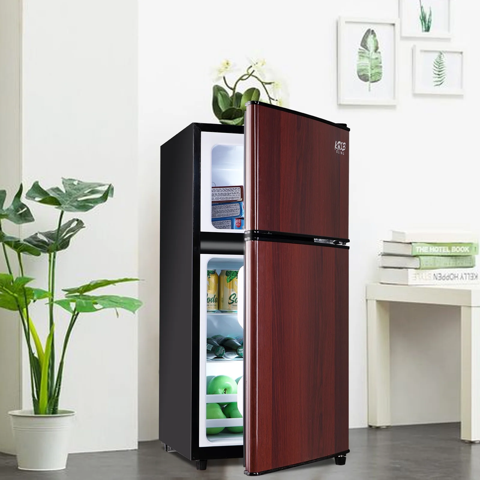 GGTB GGTB 3.2 Cu ft Two Door Mini Fridge with Freezer, Retro Compact Refrigerator with Freezer, Wood
