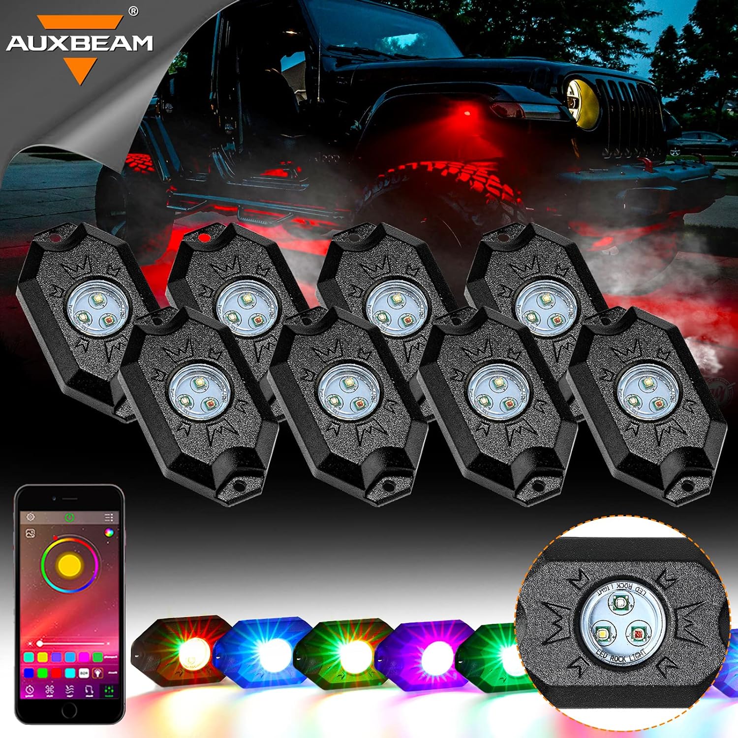 Auxbeam Rock Lights RGB 8 Pods Bluetooth, Car Underglow Lights for Jeep Wrangler Truck SUV UTV ATV Offroad Boat