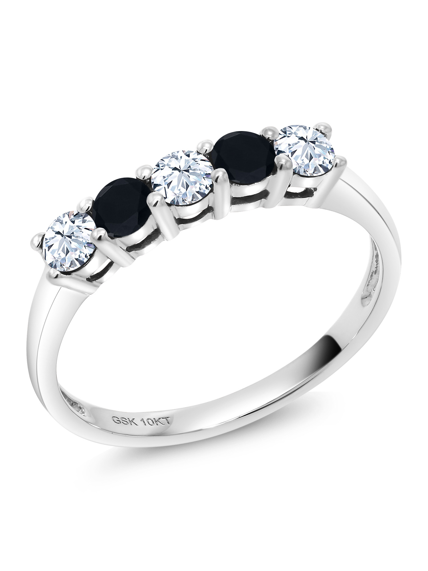 10K White Gold White Created Sapphire and Black Onyx 5 Stone Wedding Engagement Promise Ring For Women (0.59 Cttw, Round 3MM