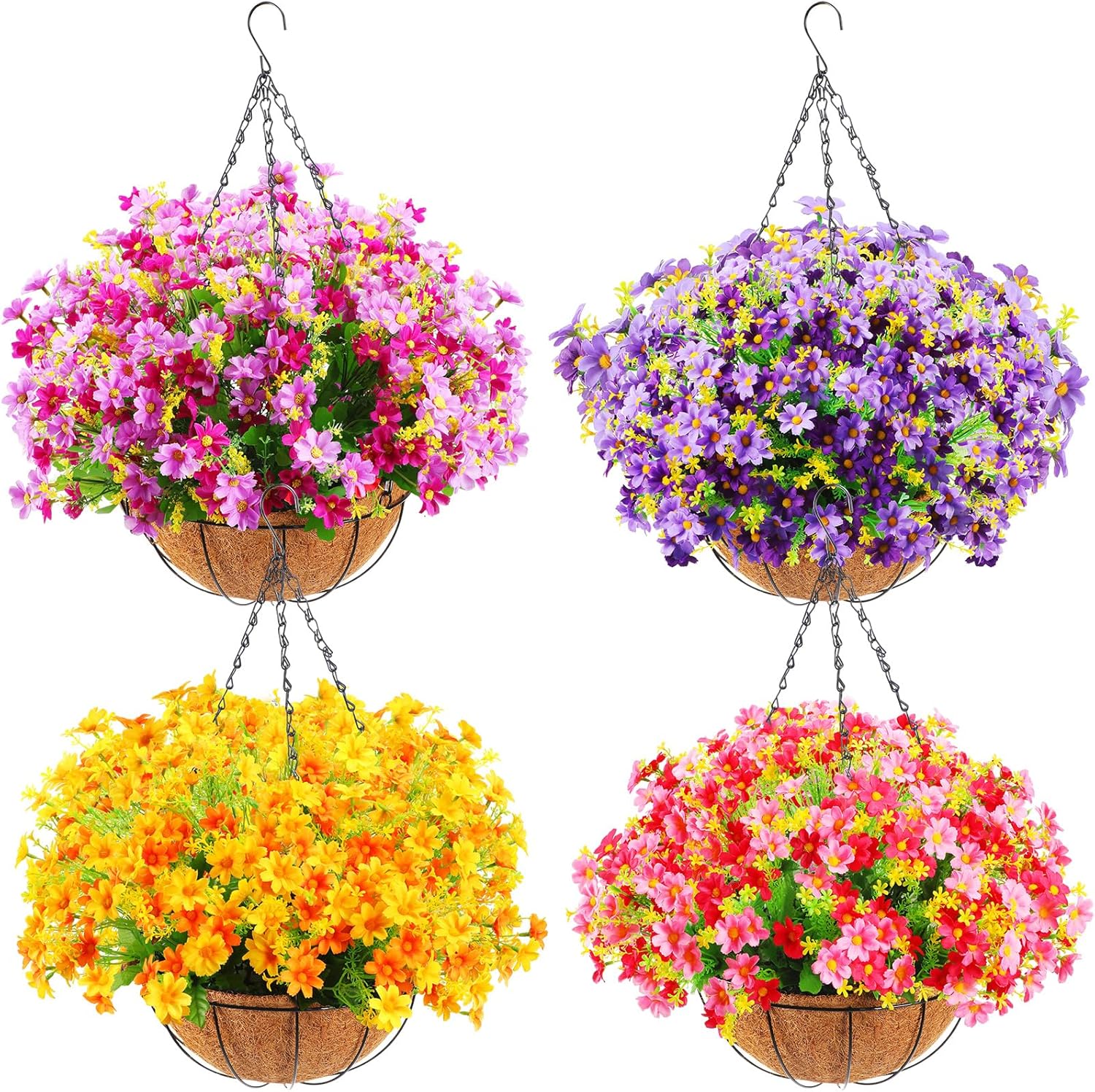 4 Pack Artificial Hanging Flowers in Basket Artificial Daisy Arrangement with 12 Inch Coconut Lining Realistic Artificial Hanging Plants for Outdoor
