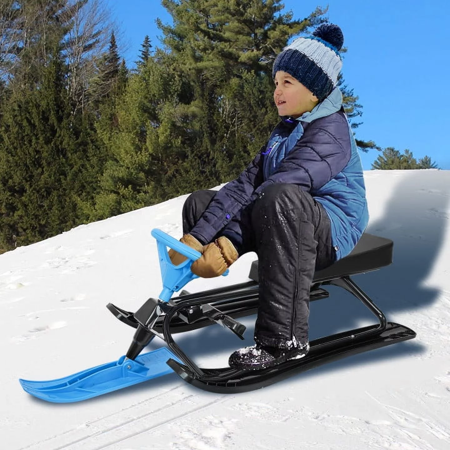 uhomepro Snow Racer Sled for Kids Toddlers Sports Toy, Classic Ski Slider Board with Steering Wheel, Twin Brakes, Durable Steel Frame