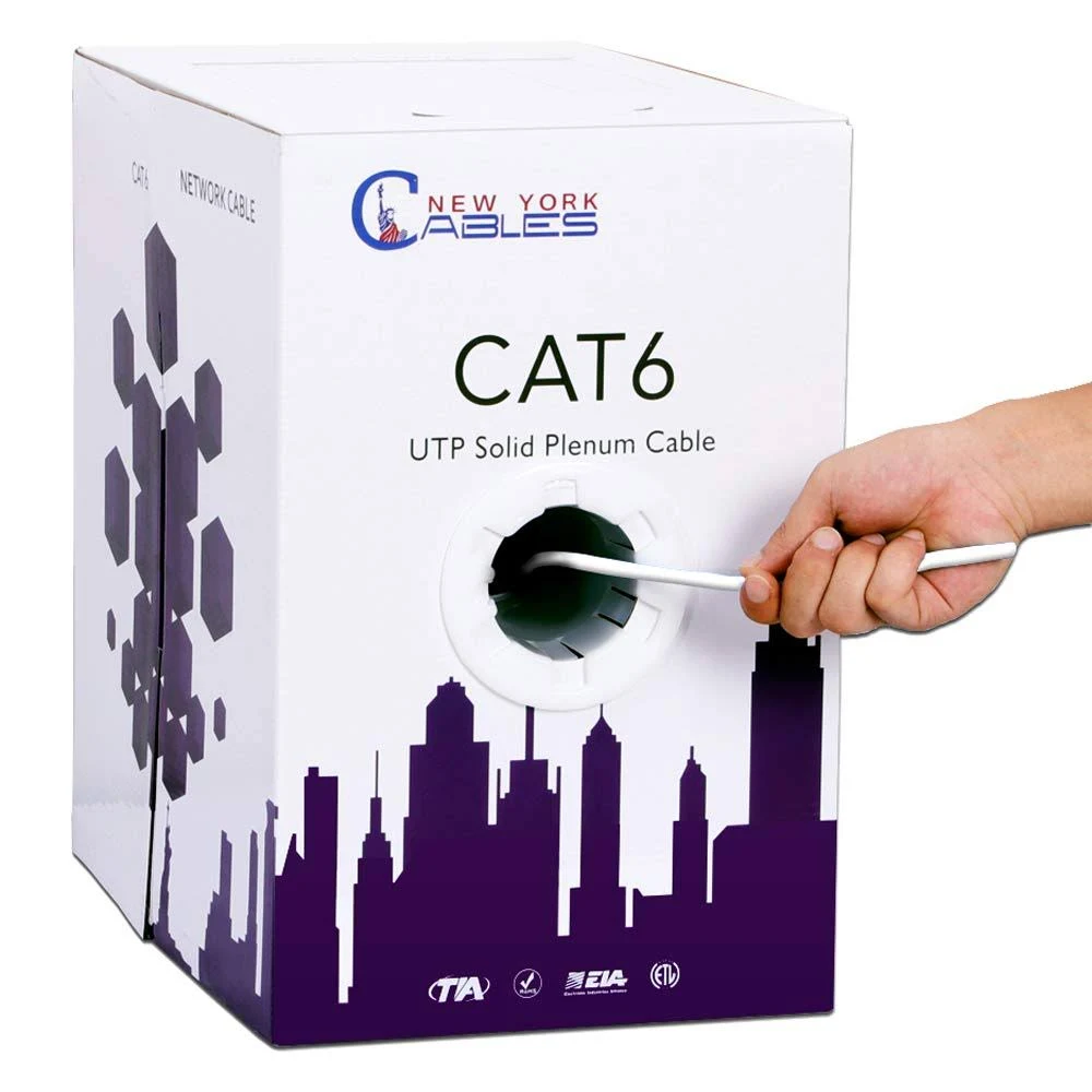 White Cat6 1000ft Ethernet 23AWG UTP 550MHz Plenum Cable Pull Box