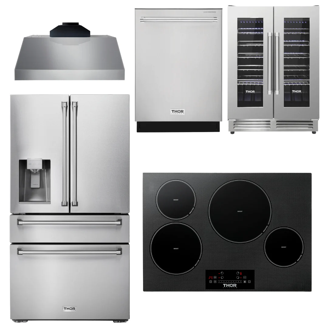 Thor Kitchen Package - 30 Induction Cooktop, Range Hood, Refrigerator with Water and Ice Dispenser, Dishwasher, Wine Cooler, AP-TIH30-C-8
