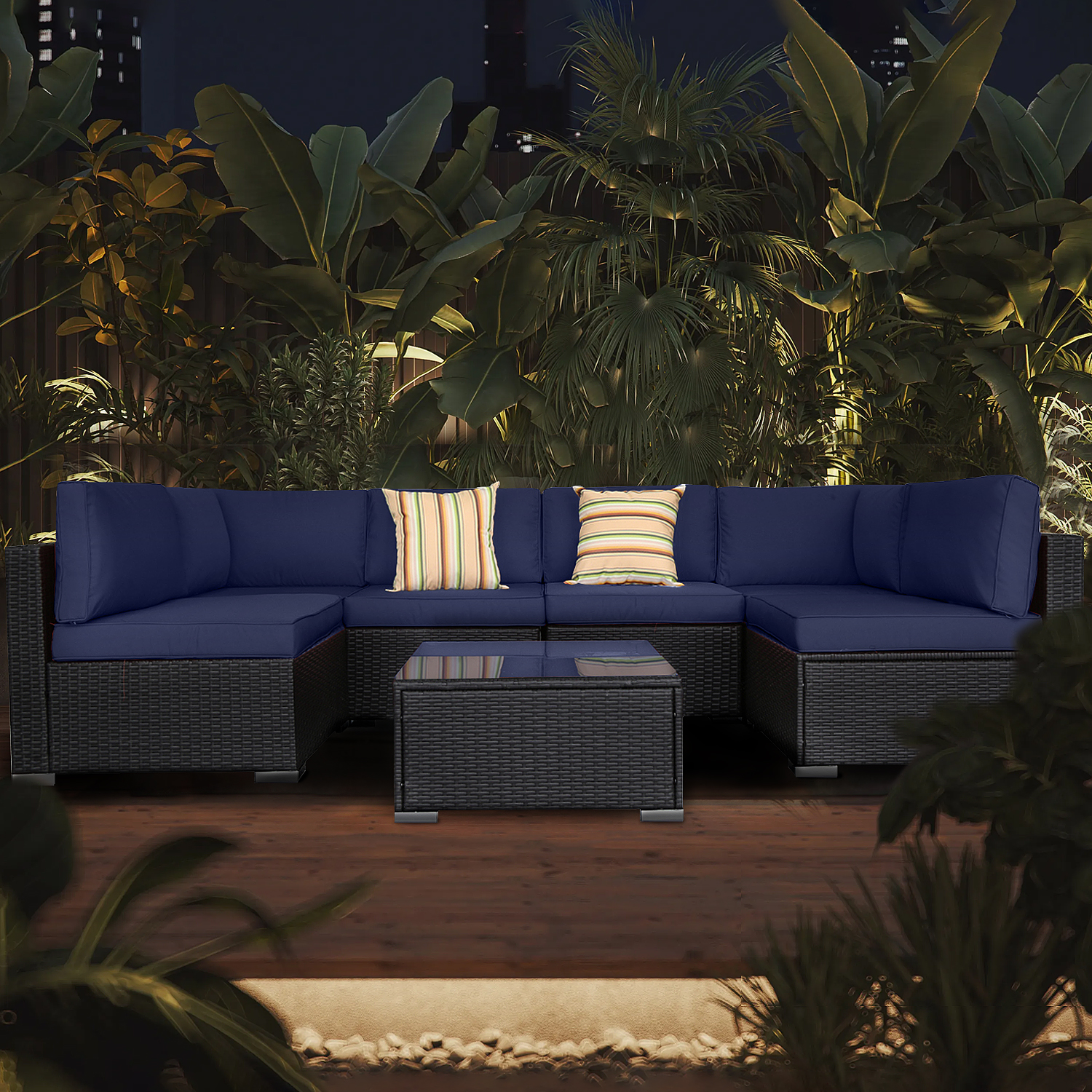 Outdoor Garden Terrace Blue Sofa Set of 7, PE Rattan and Small Yard Recreational Conversation Set with Cushions from EXCITED WORK