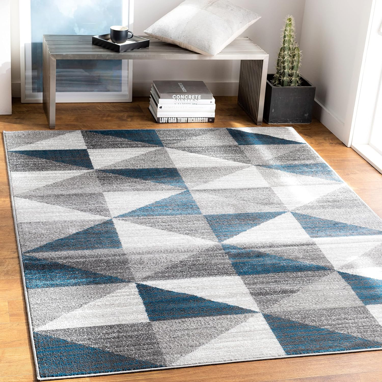 Area Rugs, 7X7 Davidson Modern Sky Blue/Navy Square Area Rug, Grey White Blue Carpet For Living Room, Bedroom Or Kitchen (6'7" Square)