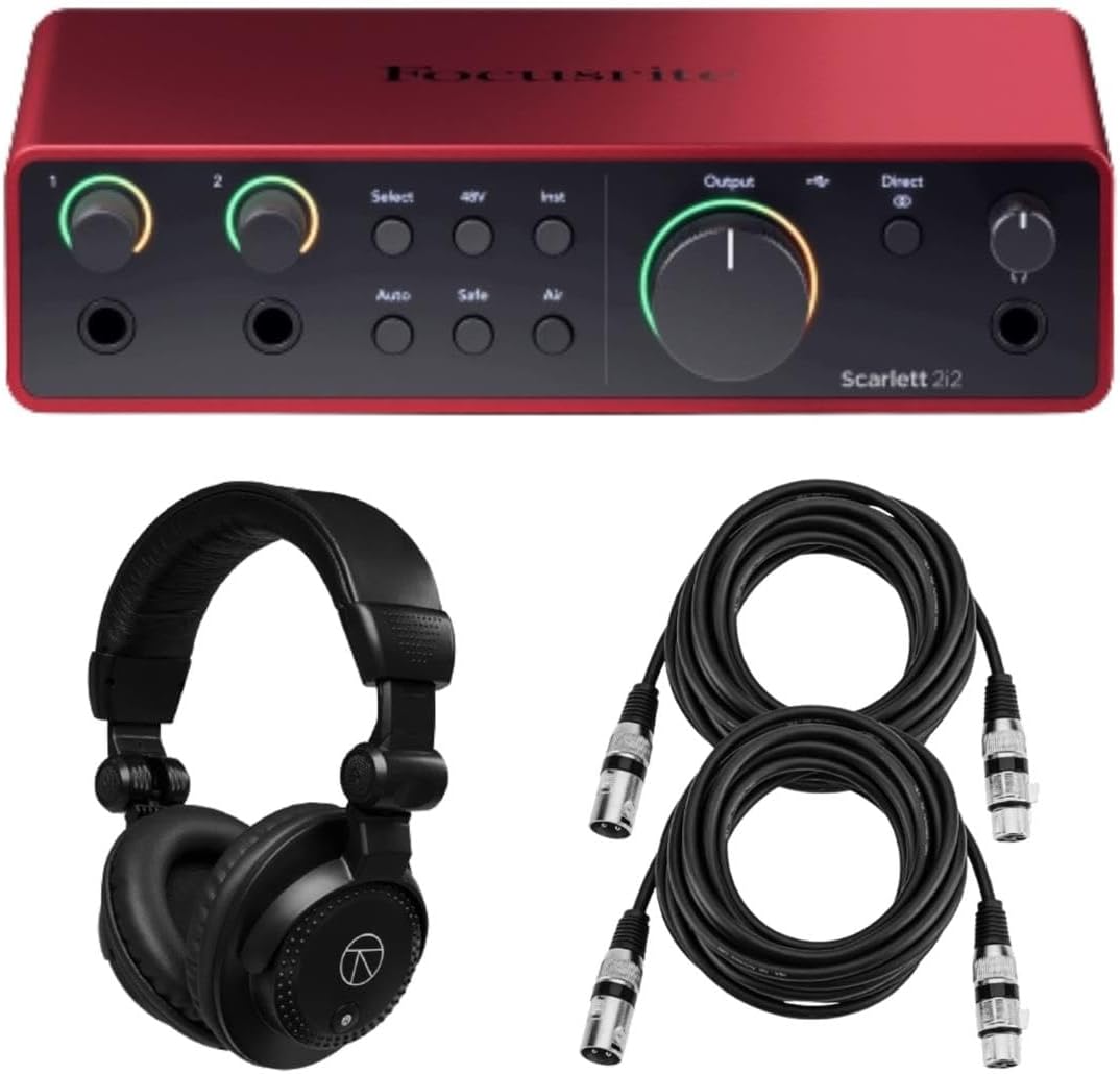 Focusrite Scarlett 2i2 4th Gen 2x2 USB Audio Interface Bundle with Headphones and 2 XLR Cables, For PC & MAC