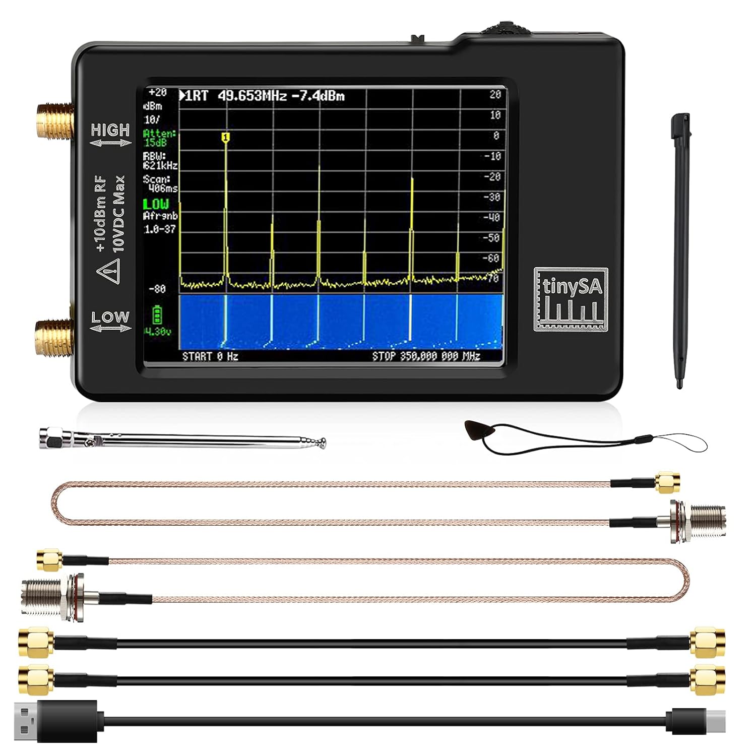 Portable TinySA Spectrum Analyzer, SEESII Upgraded V0.3.1 Tiny Frequency Analyzer with Antenna SMA Male to UHF Female Cables