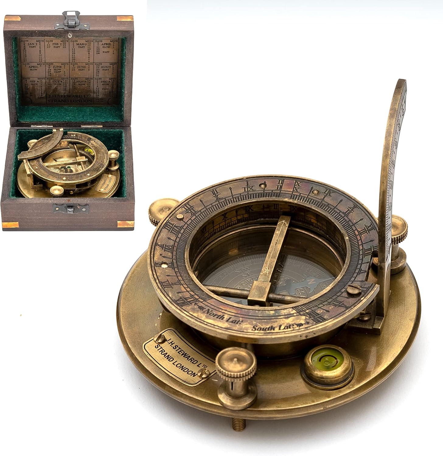 Antique Look Maritime Ship Navigation Brass Sailor Sundial Compass with Wooden Box Vintage Gift Item J.H.Steward Ltd. Strand London Functional