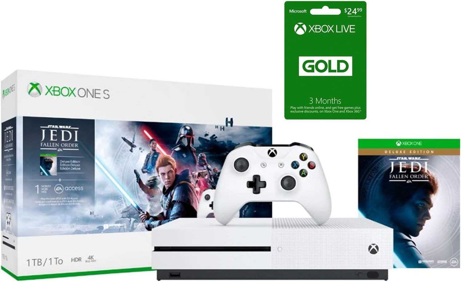 Xbox One S Star Wars Jedi: Fallen Order Bundle, Xbox One S 1TB Console w/4K Blu-Ray Player, Wireless Controller