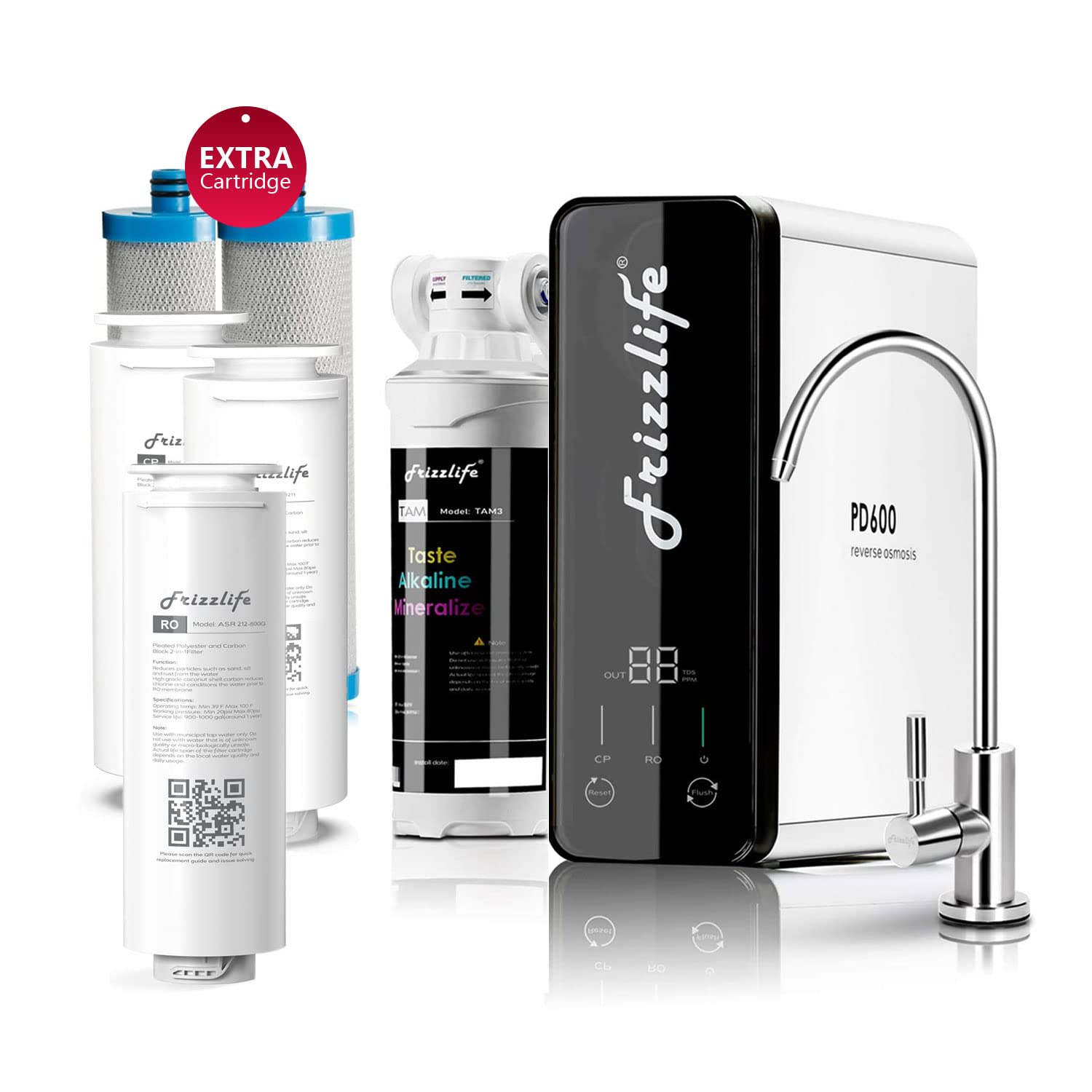 Frizzlife RO Reverse Osmosis Water Filtration System - 600 GPD High Flow, Tankless, Reduce TDS, Compact, Alkaline Mineral PH, 1.5:1 Drain Ratio