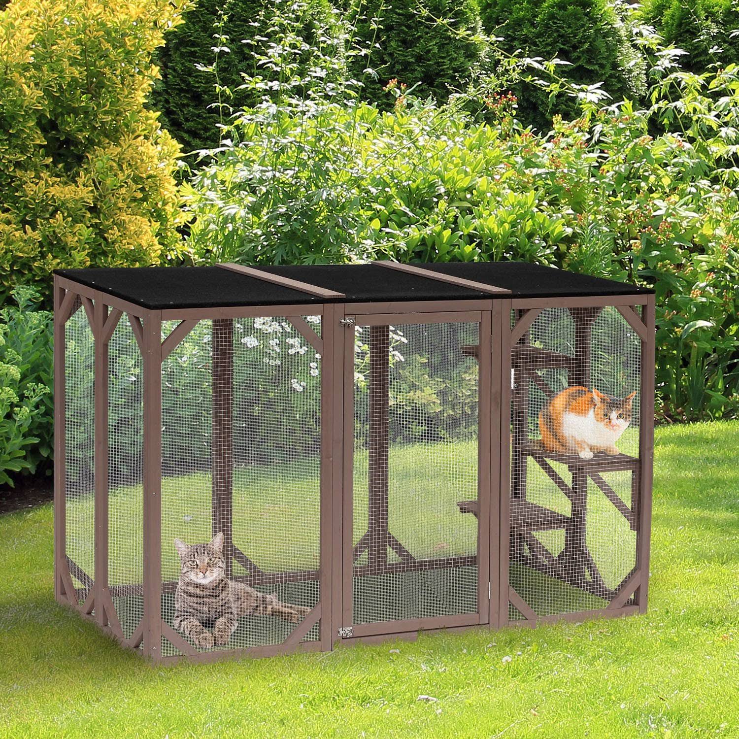 PawHut 71x22 x 32x22 x 44x22 Large Wooden Outdoor Cat Enclosure Catio Cage with 3 Platforms