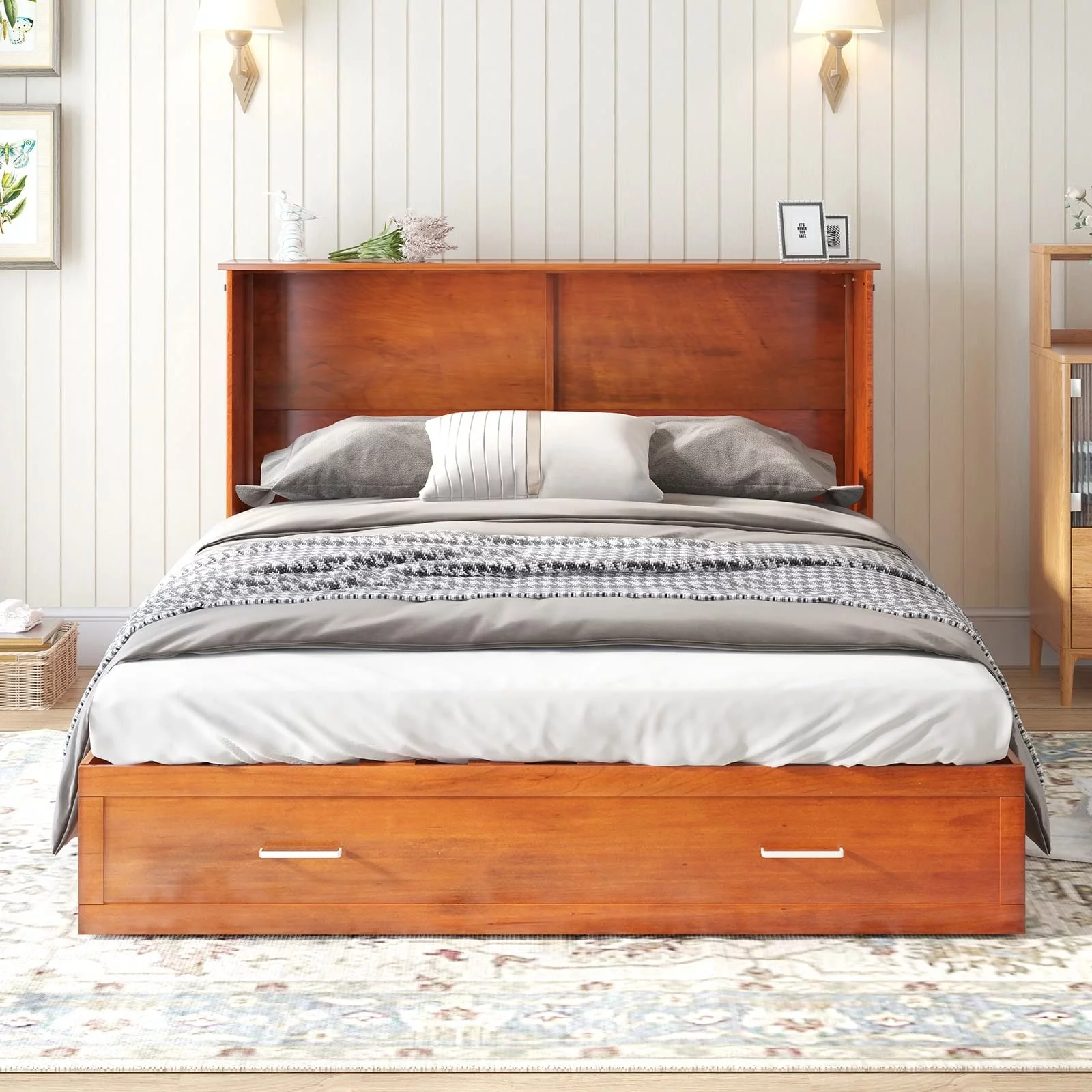 Mixoy Cabinet Murphy Bed Chest with Mattress,Charging Station,Drawers Cherry - Curated Treasures Market