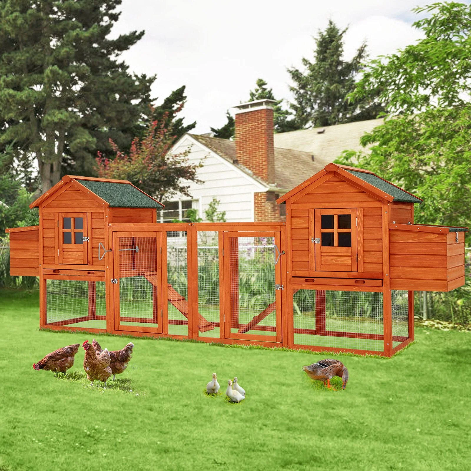 YODOLLA 144” Large Wooden Chicken Coop, Outdoor Hens House with Ramps and Nesting Boxes,Brown - Curated Treasures Market