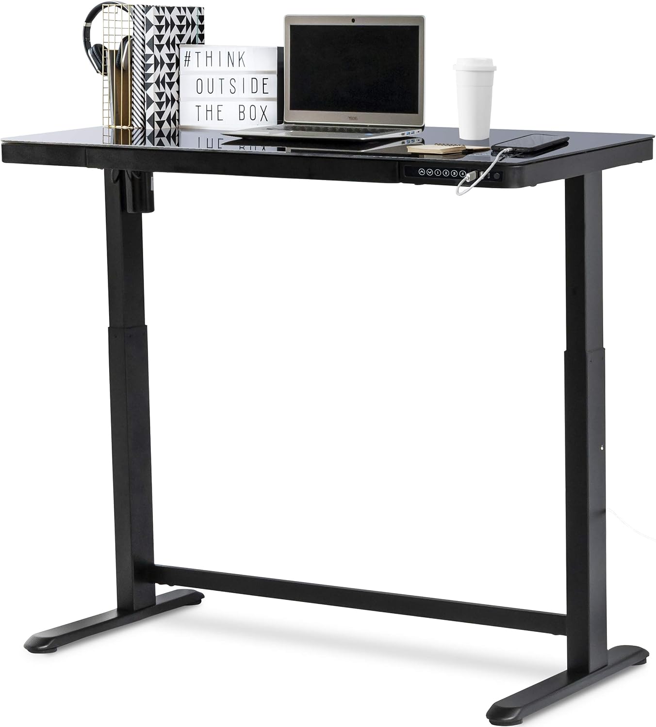 Jefferson Electric Standing Desk with Drawer, 48 x 24 Modern Glass Top Adjustable Height Sit Stand Desk, Motorized Uplife, Memory Controller