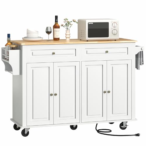 55" Movable Kitchen Island with Drop Leaf and Power Outlet, Rolling Island Cart w/Storage Cabinet, Island Table on Wheels for Kitchen w/2 Drawers
