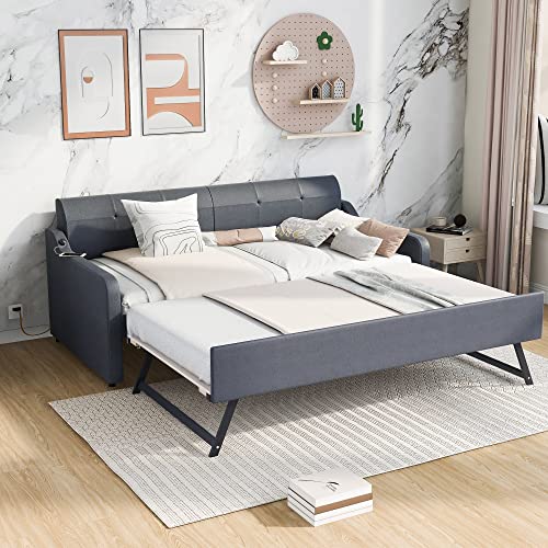 Harper & Bright Designs Twin Size Day Bed with Pop up Trundle Upholstered Day Beds with USB Charging, Wood Twin Bed Frame for Kids
