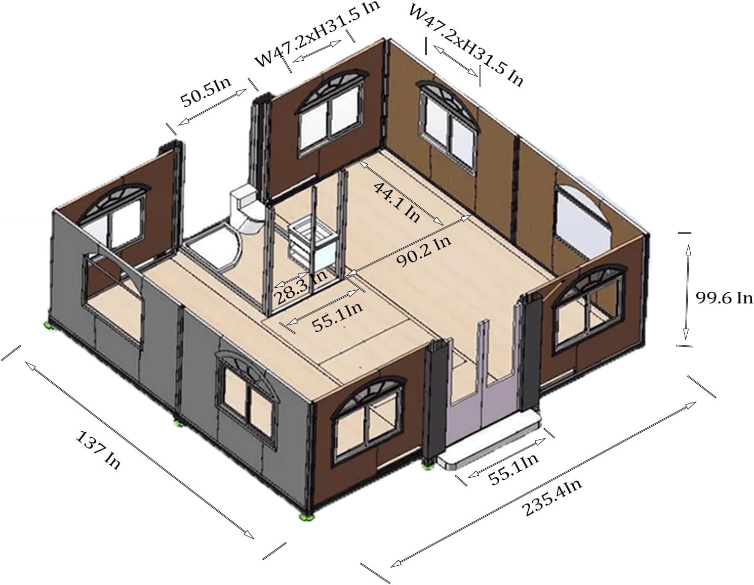 ABRUS 13x20 feet Portable Tiny Home, Mobile Expandable Plastic Prefab House for Hotel, Booth, Office, Shop, Villa, Warehouse, Workshop (with Restroom)