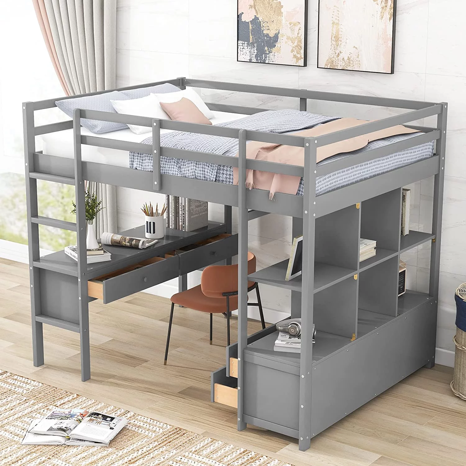 Full Size Loft Bed With Desk & Drawers. Wood Loft Bed With Shelves Ad Dresser. Multi-Fuctioal Loft Bed With Ladder For Kids Boys Tees. Grey