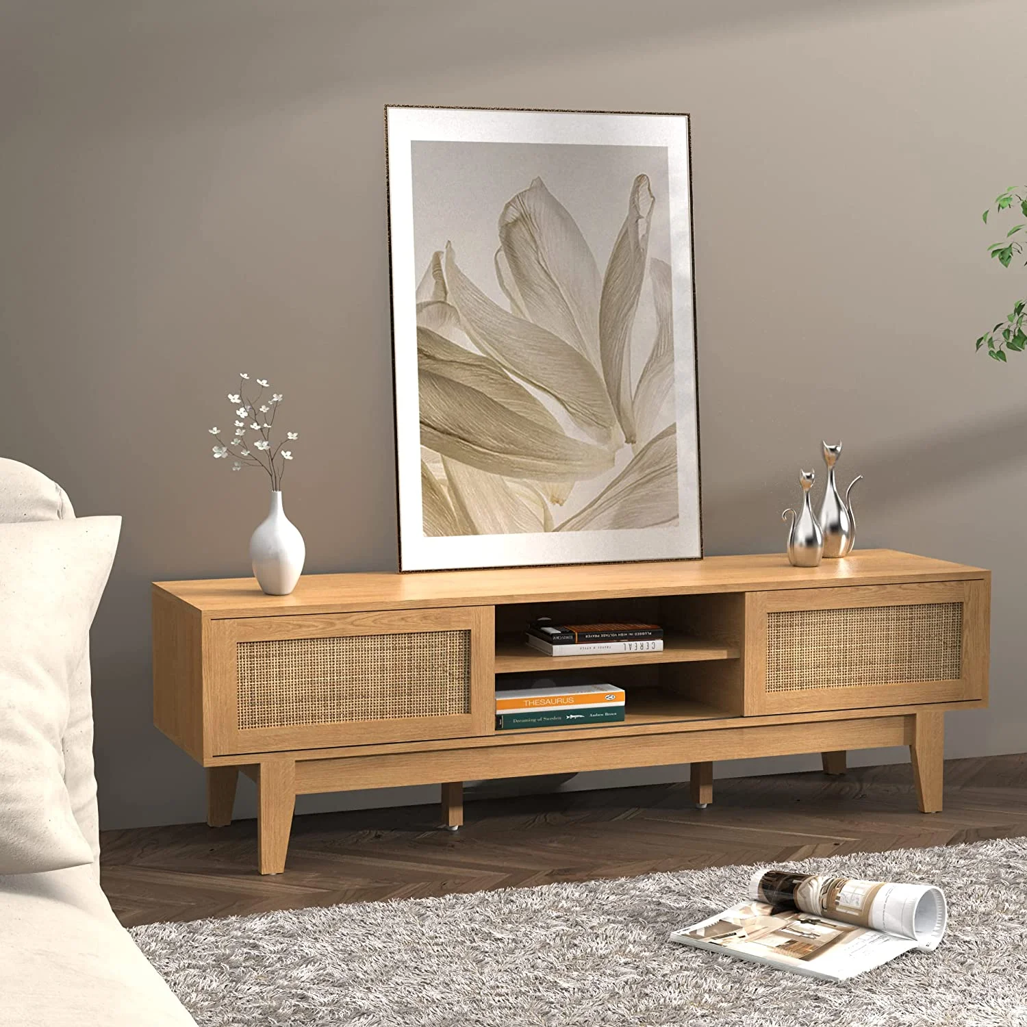 Popular TV Stand with Rattan Sliding Doors  Low Profile Television Stands for TVs up to 65 Inches TV  Modern Farmhouse Boho Home Media Console for