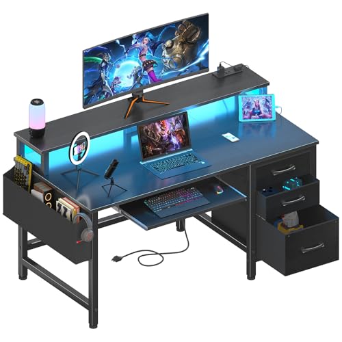 Lufeiya Computer Desk with File Drawers Cabinet, 47 Inch Home Office Desks with Keyboard Tray, Gaming Desk with LED Lights and Power Outlets