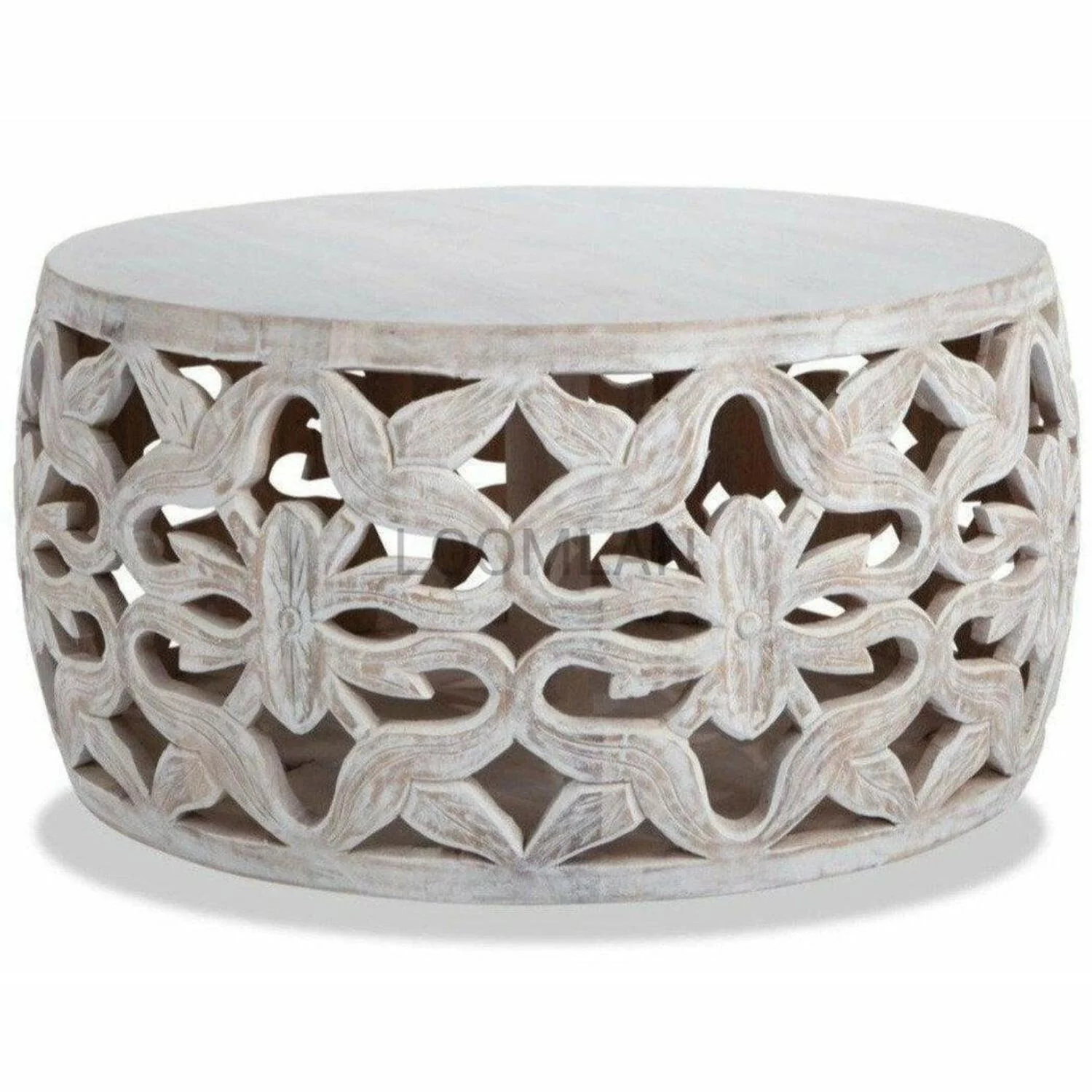 32 White Wash Drum Coffee Table Hand Carved Mango Wood