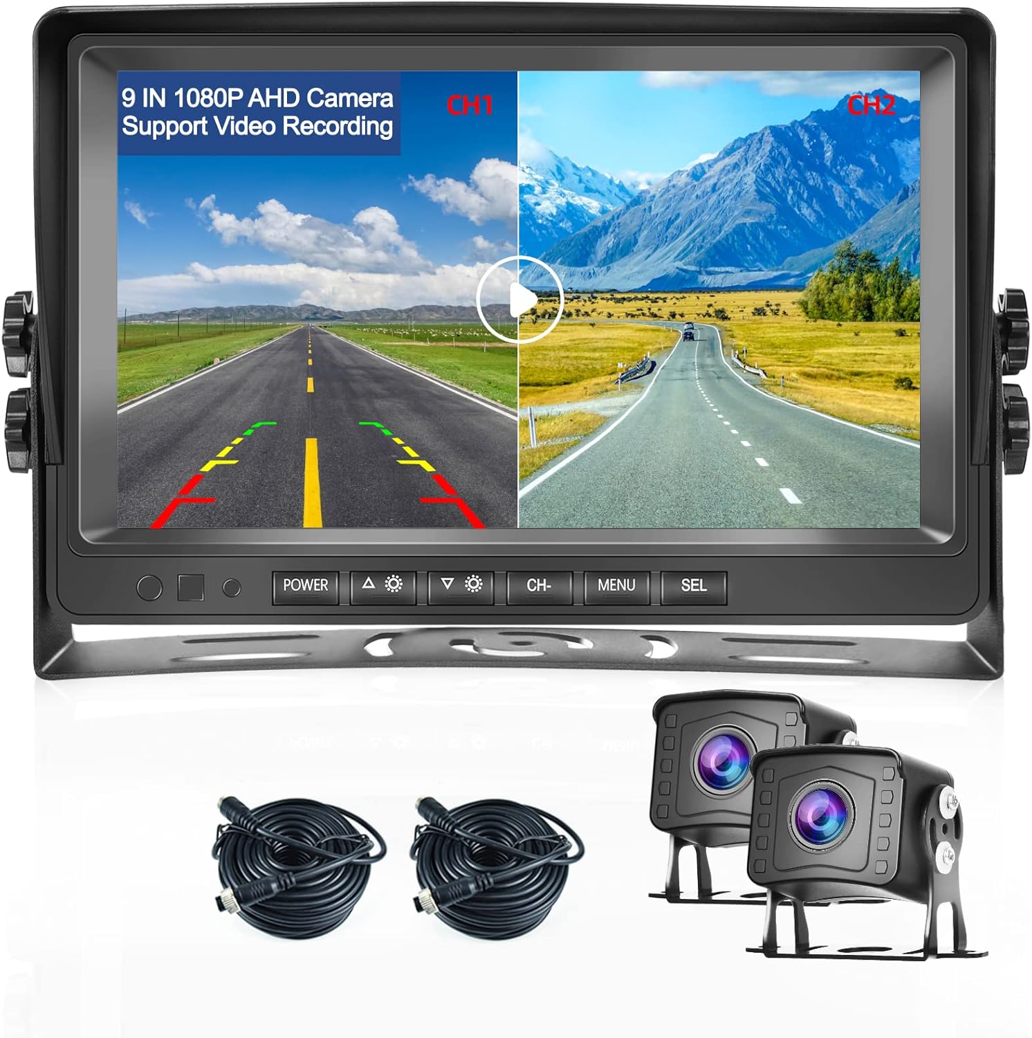 Backup Camera with Monitor Kit 9 Inch HD 1080P Split Screen DVR Monitor Wired Rear View Camera for Cars,Trucks,Pickup,SUVs