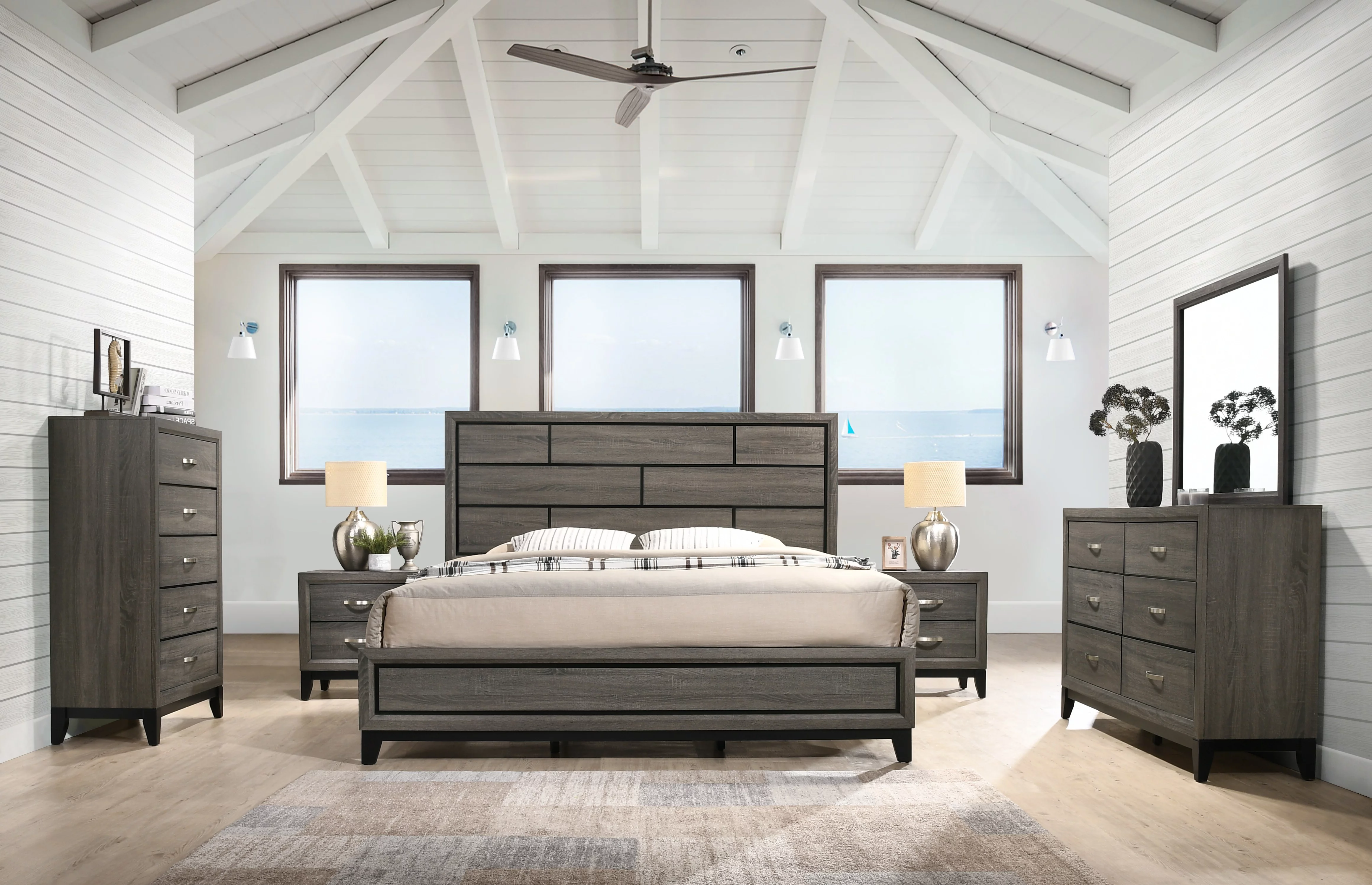Stout Panel Bedroom Set with Bed, Dresser, Mirror, 2 Nightstands, Chest, Wood, Dark Ash Gray, Queen Size