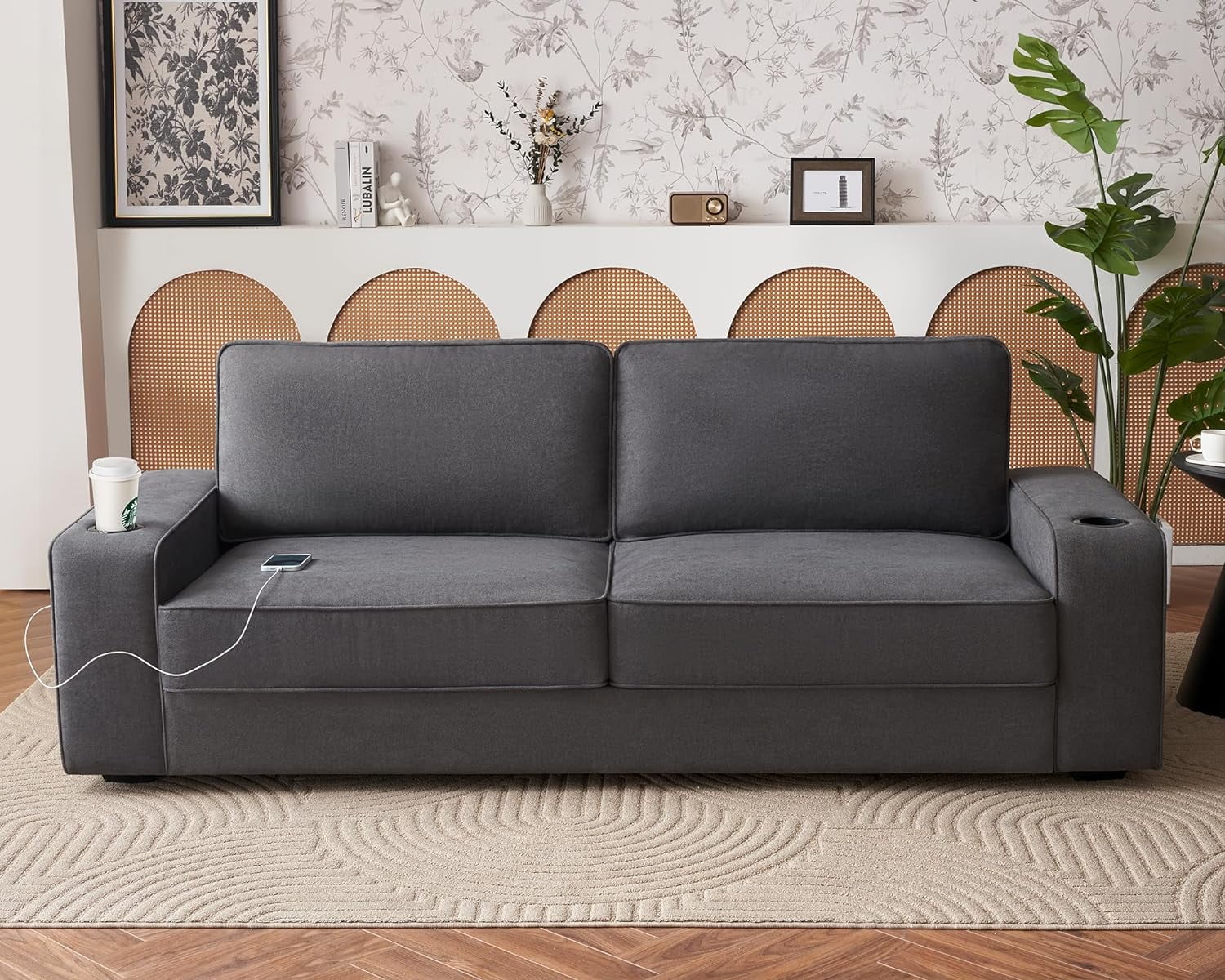 Papajet 89 inch Sofa with USB Charging Ports & Cup Holders, Couch for Living Room, Grey Chenille