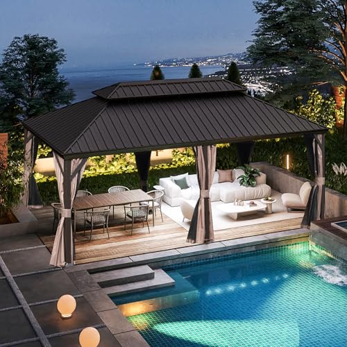 Domi 10’ x 10’ Hardtop Gazebo Metal Frame Canopy with Netting & Curtains