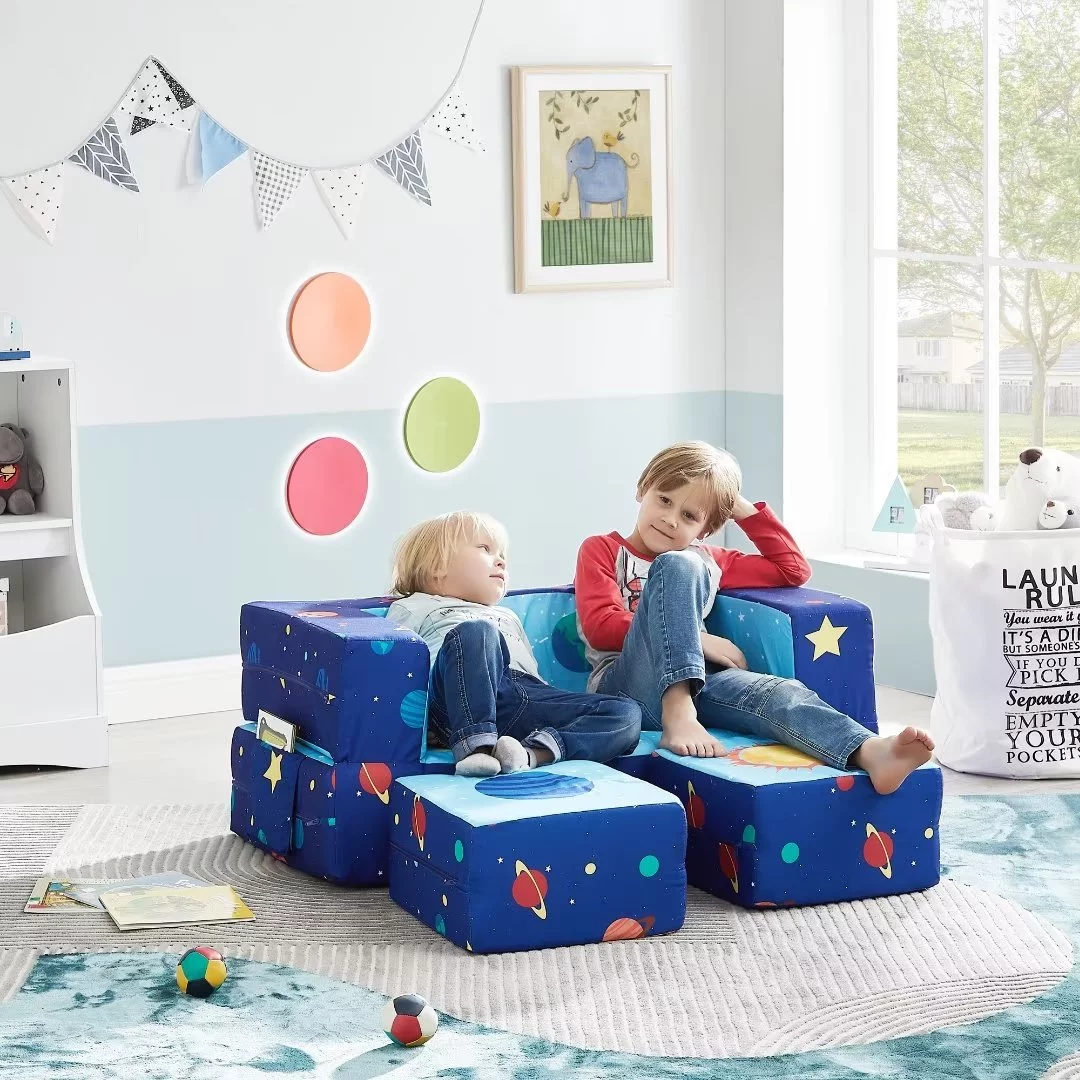 Ulax Furniture Modular Kids Loveseat/ Sleeper Sofa/ Play Set 3-in-1 Multi-Functional Toddler Convertible Flip Chair with 2 Ottomans, Blue