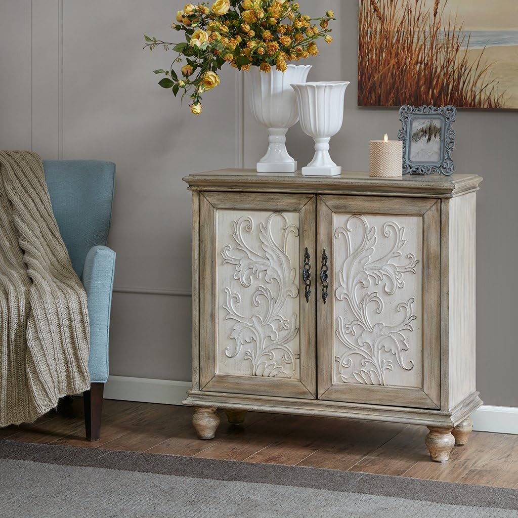 Elegant Floral Carved 2-Door Accent Cabinet with Adjustable Shelf, Natural Wood Finish, Sturdy Solid Wood Legs, Home Organizational Furniture