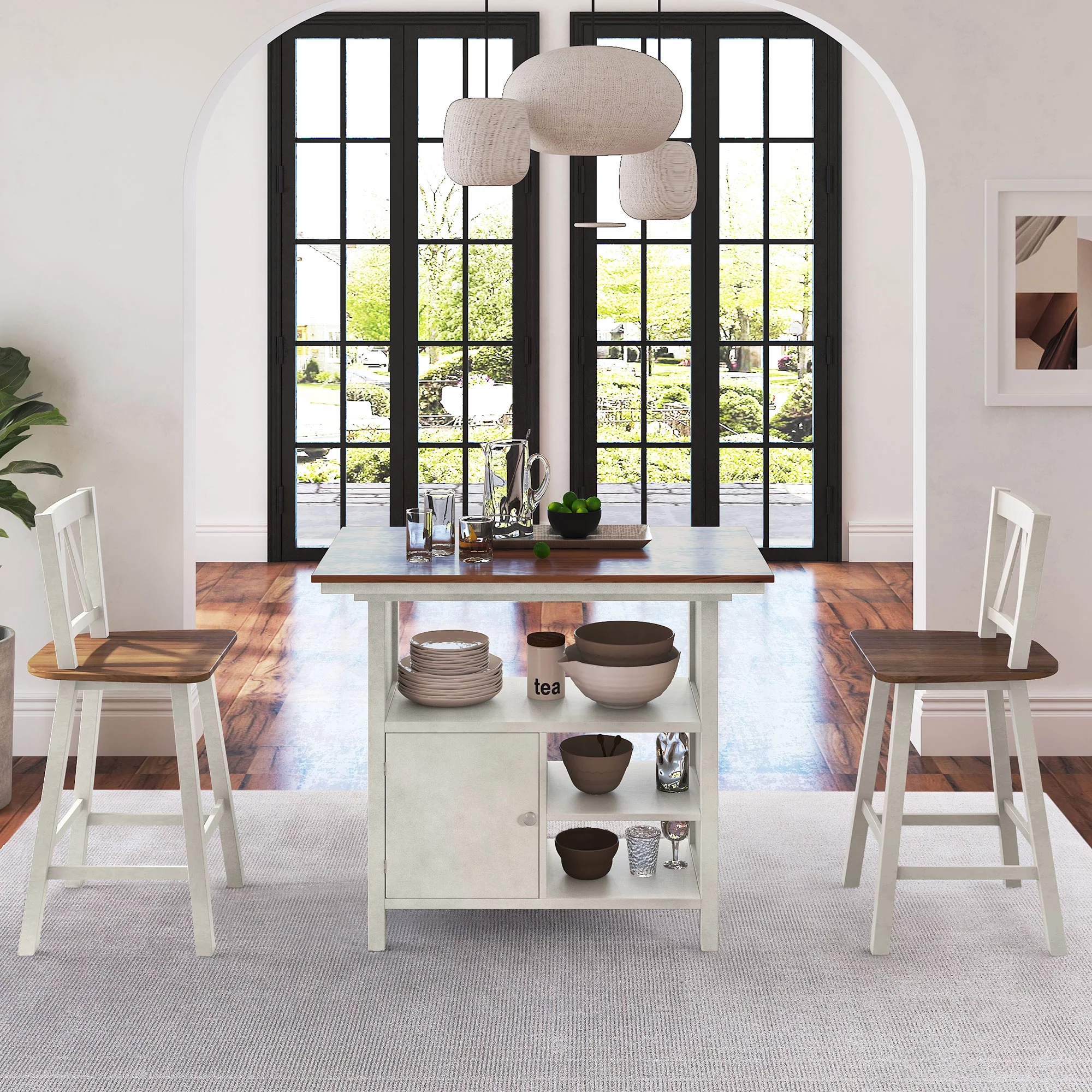 TOPMAX Farmhouse 3-Piece Counter Height Dining Table Set, Wooden Kitchen Table Set with Storage Cabinet and Shelves for Small Places