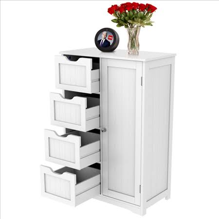 Wooden Bathroom Floor Cabinet, Side Storage Organizer Cabinet with 4 Drawers and 1 Cupboard, White, Size: 22 x 11.9 x 32.3 inch(