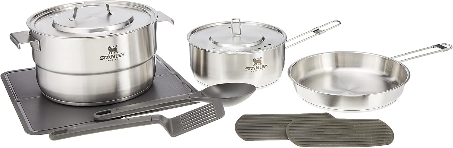 Stanley Even Heat Camp Pro Cookset, 11-Piece Camping Cookware Set with Stainless Steel Pots and Pans, Utensils, Lids, and Cooking Accessories