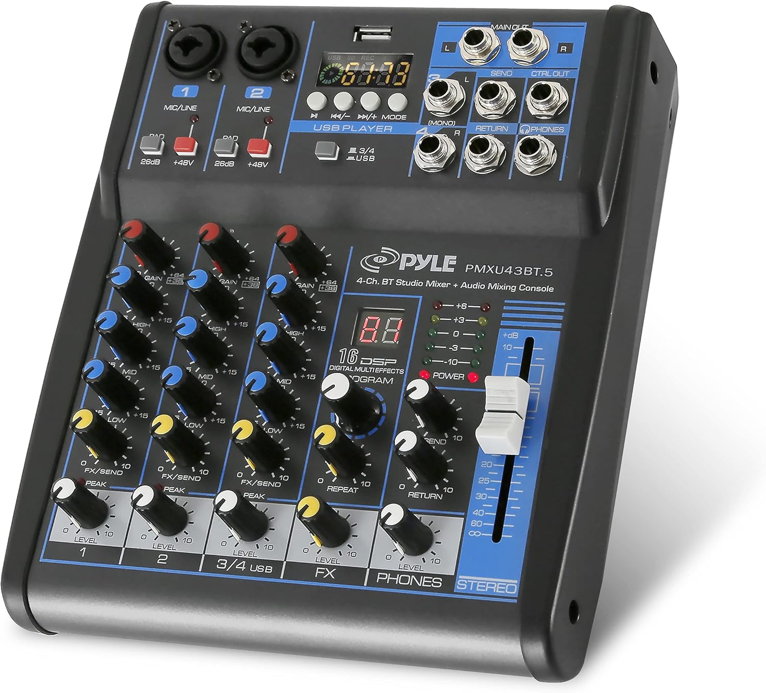 Pyle Professional Audio Mixer Sound Board Console System Interface 4 Channel Digital USB Bluetooth MP3 Computer Input 48V Phantom Power Stereo DJ