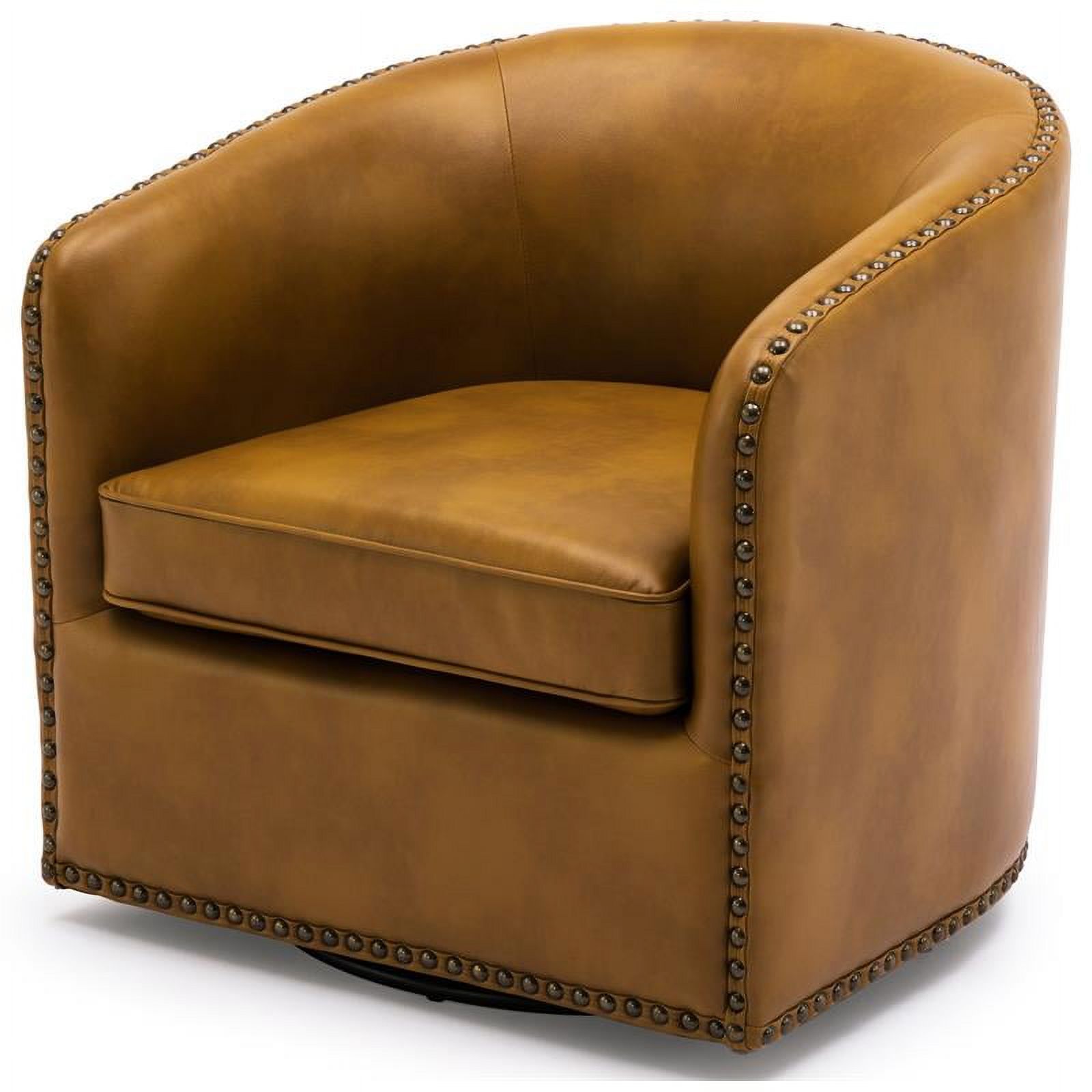 Pemberly Row Camel Brown Faux Leather Swivel Arm Chair with Nailhead Trim