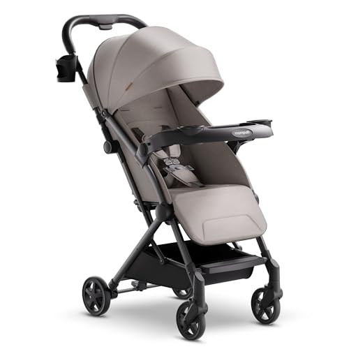 Mompush Lithe V2 Lightweight Stroller + Snack Tray, Ultra-Compact Fold & Airplane Ready Travel Stroller, Near Flat Recline Seat, Cup Holder