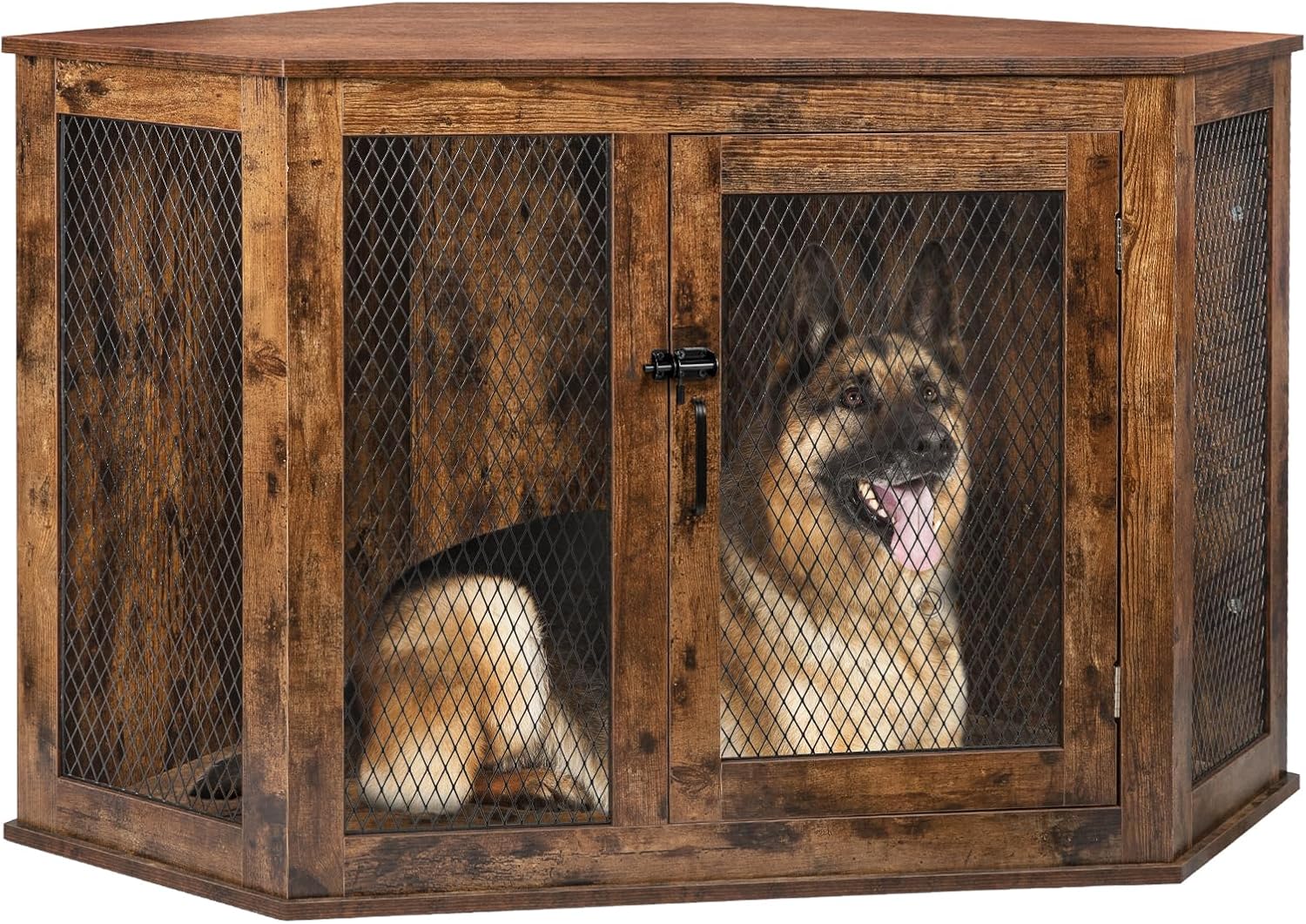 PUKAMI Corner Dog Crate Furniture,44/52inch Wooden Dog Kennel Furniture with Mesh,Decorative Wood Dog House for Indoor use