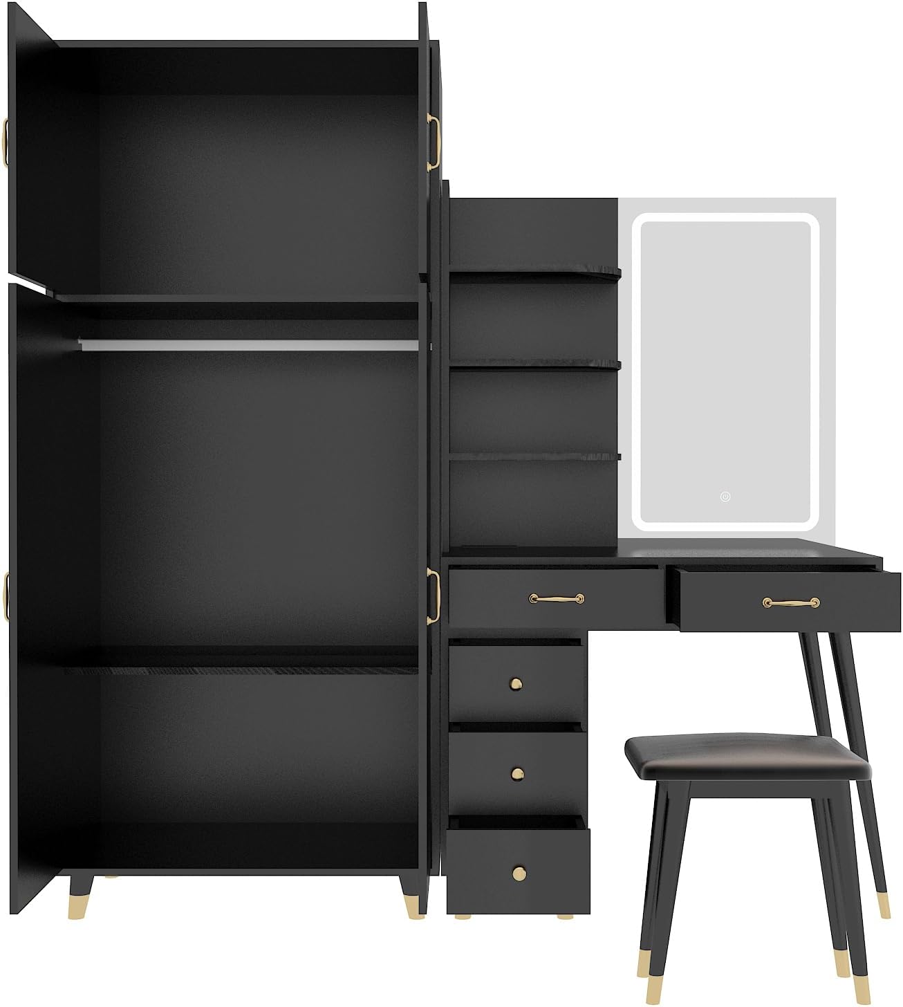 Black Makeup Vanity Desk with 4 Door Bedroom Closet, Lights Mirror, Black Vanity Table and Stool Set, Dressing Table with Armoire Wardrobe Set