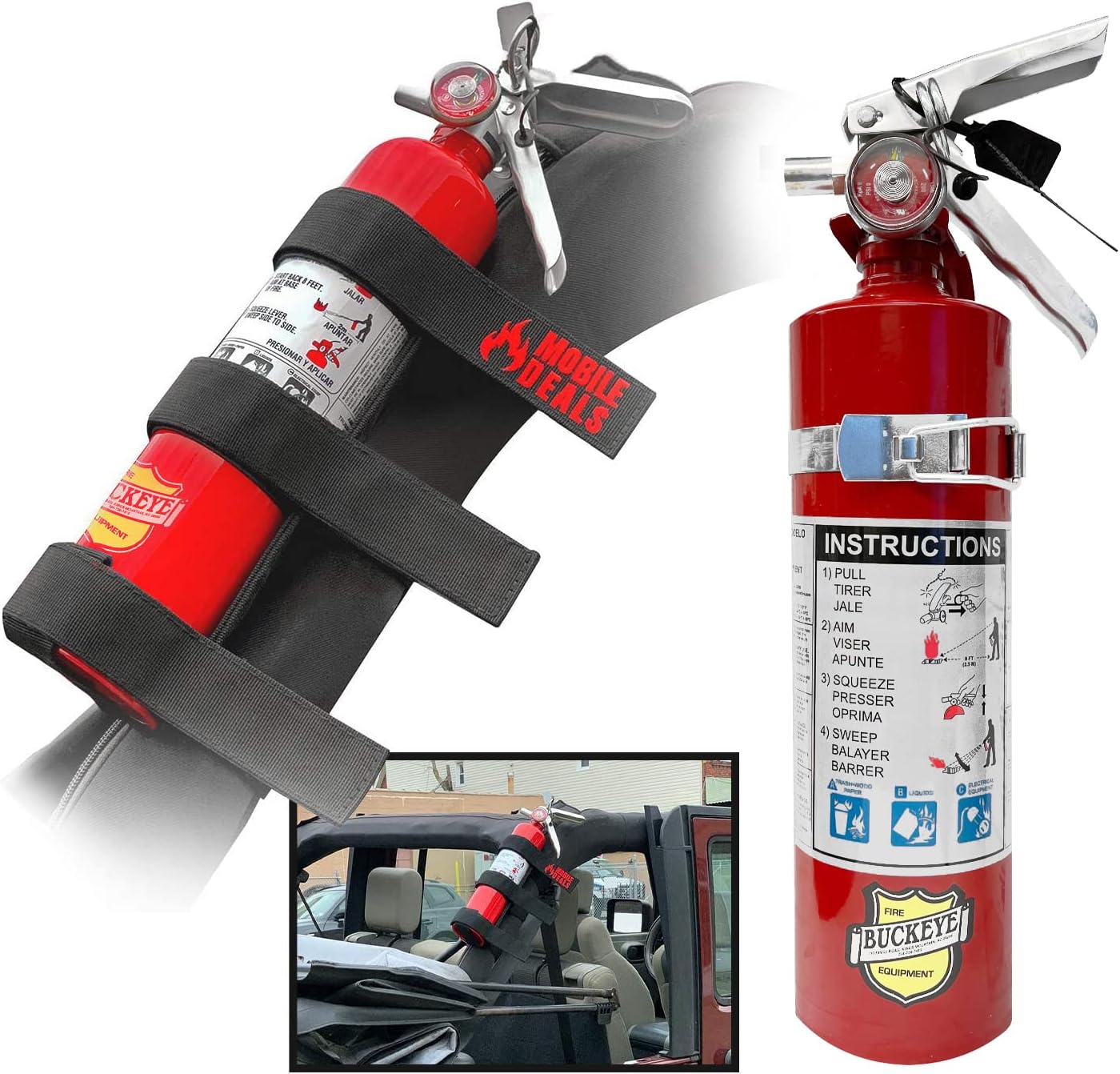 Dry Chemical 2.5 Pounds lbs Fire Extinguisher with Vehicle Bracket and Mobile Deals Adjustable Roll Bar Holder Mount compatible with Jeep Wrangler