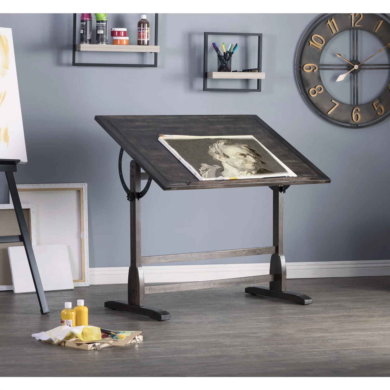 Vintage Solid Wood Drawing/Drafting Table with 42" x 30" Adjustable Tilting Top
