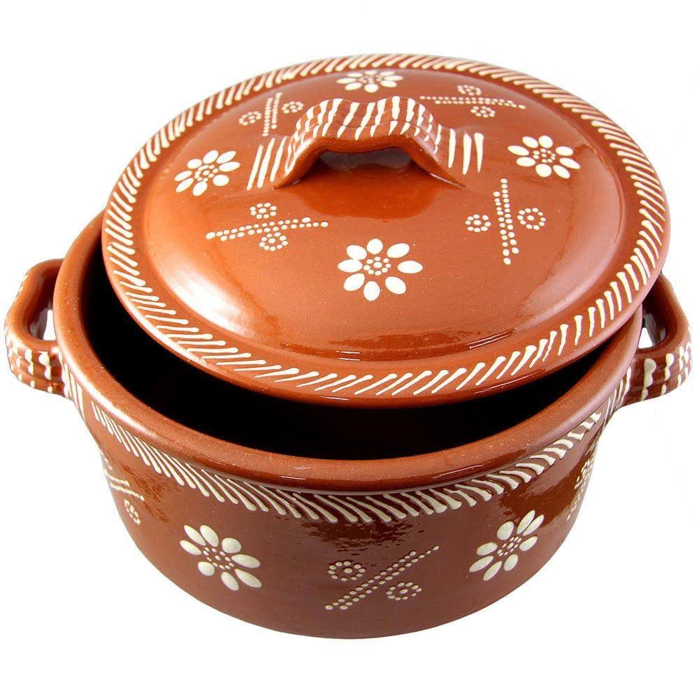 Traditional Portuguese Hand Painted Clay Terracotta Cazuela Cooking Pot with Lid