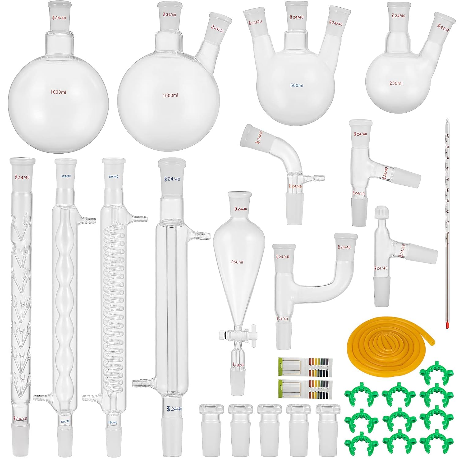 VEVOR New Laboratory Glassware 24/40 Chemistry Glassware 32PCS Chemistry Lab Glassware Kit 250 1000ml for Distillations Separation Purification