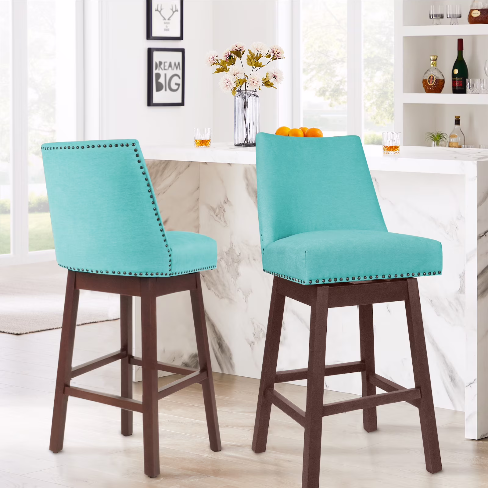 SERWALL Swivel Counter Height Bar Stools Set of 2, Morden Upholstered Dining Barstools with Back for Kitchen, Tiffany